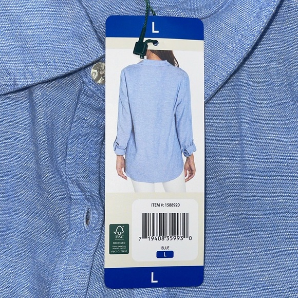 NWT Orvis long sleeve blue linen and rayon top roll cuff with buttons size large - Picture 7 of 9